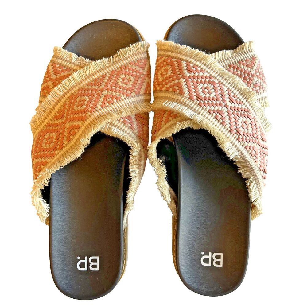 Women's Slides 7M Pink Beige Sandals Boho Fringe Fabric Upper Slip On Summer EUC